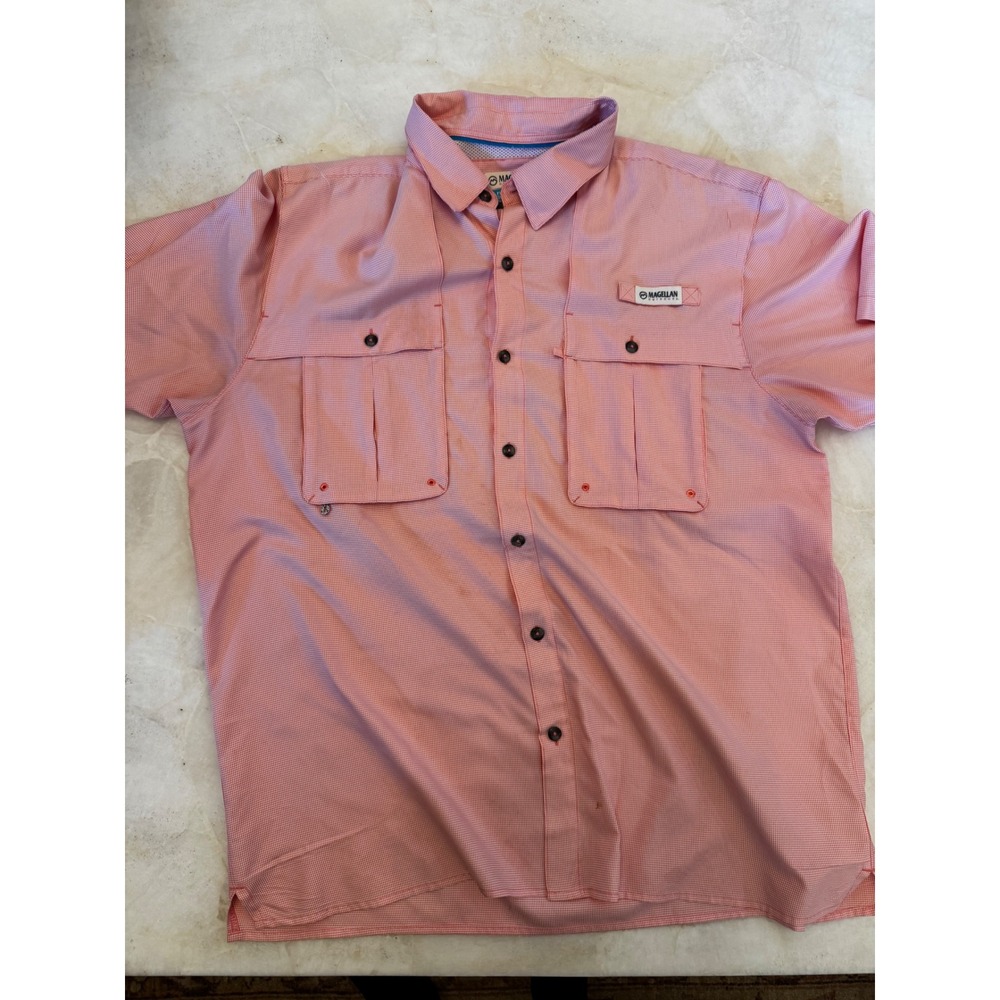 Magellan Outdoors Mens Orange Gingham Fishing Shirt Short Sleeve Relaxed Large
